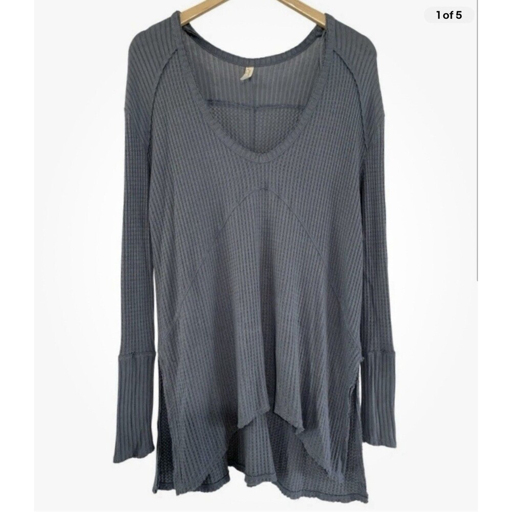 Free People Ventura Waffle Knit Blue Oversized Hi Low Distressed Hem Top Small P
